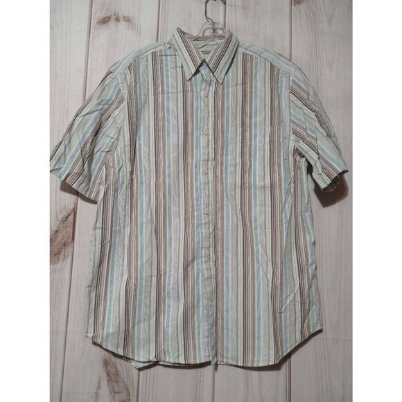 Eddie Bauer Shirt Men's Medium Blue Brown Button Front Short Sleeve‎ - Picture 1 of 7